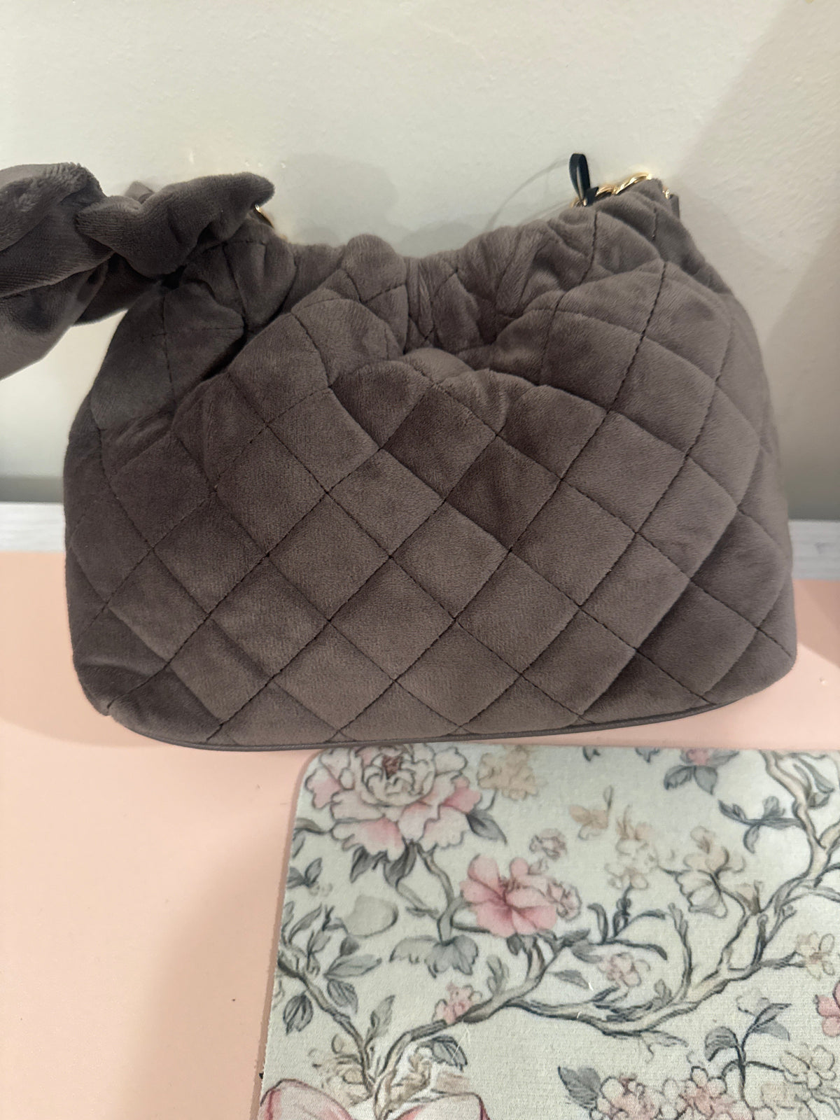 Gray Quilted Bow Chain Purse