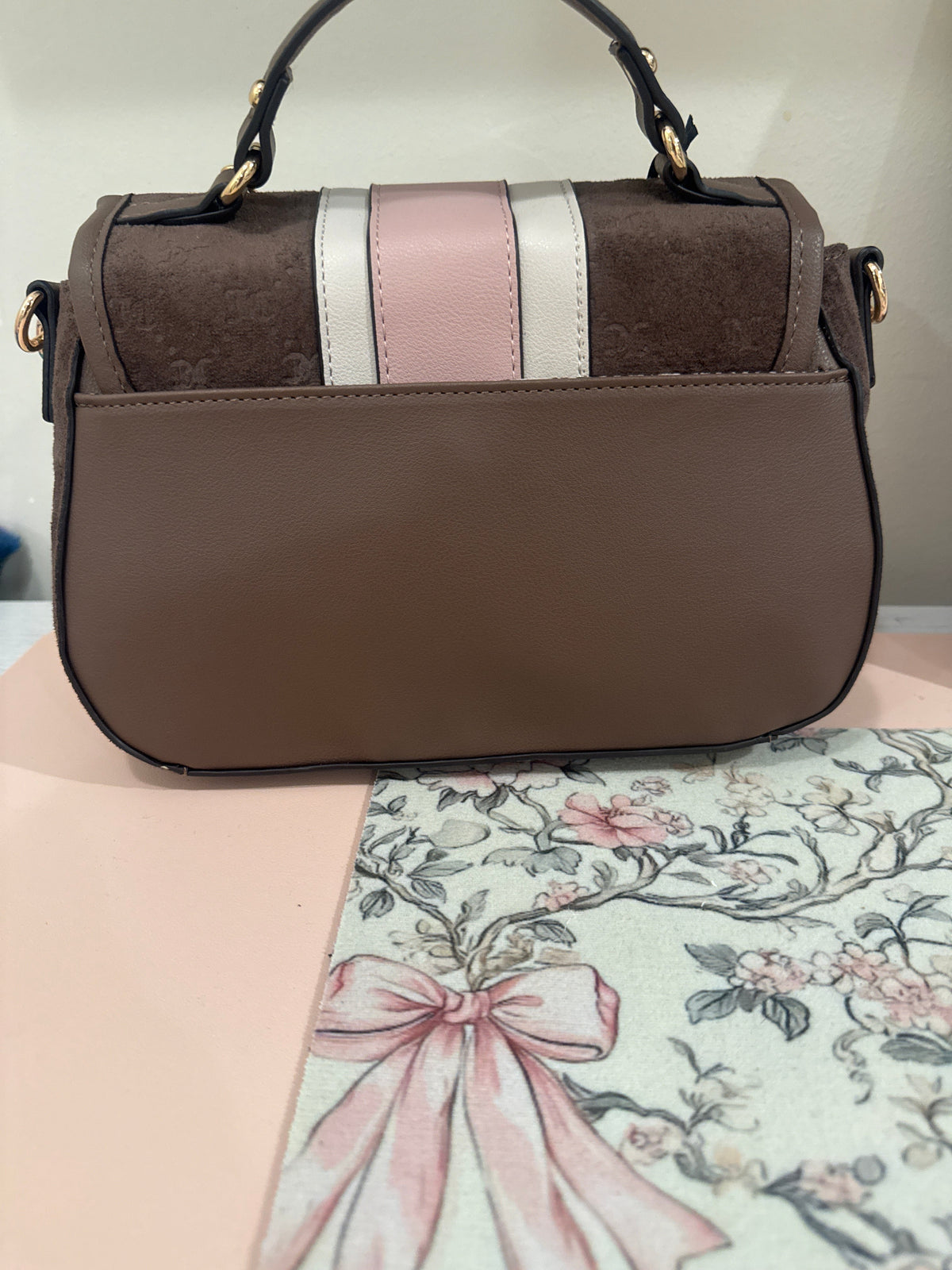 Taupe & Blush Stripe Top-Handle Purse