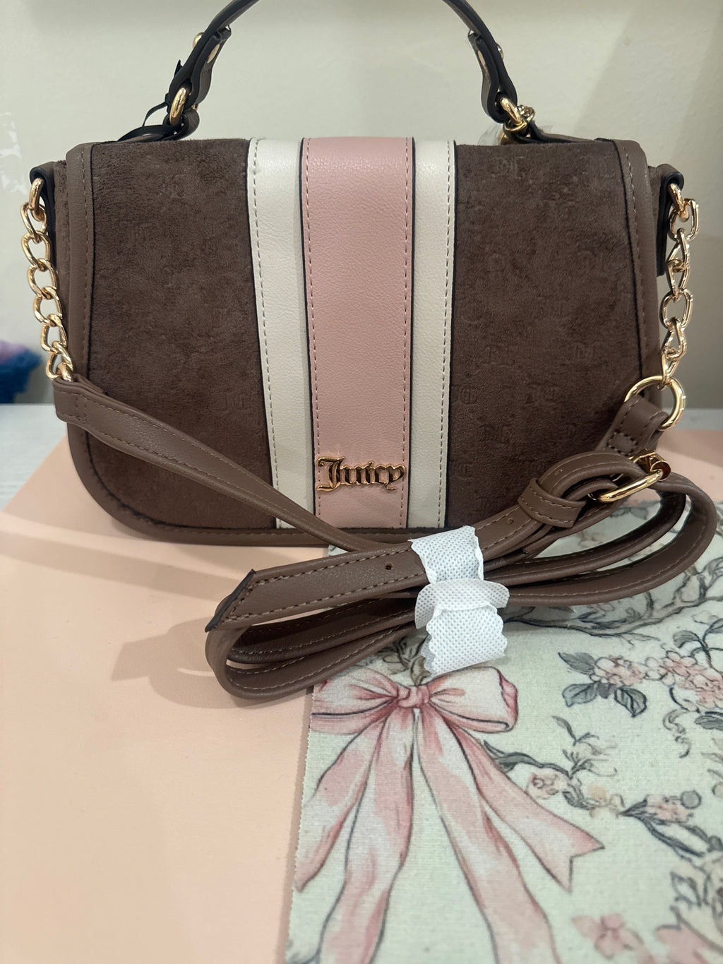 Taupe & Blush Stripe Top-Handle Purse