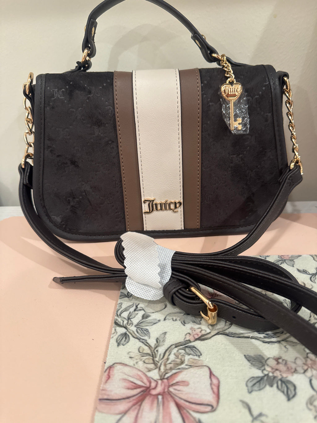 Midnight Stripe Key Charm Top-Handle Purse