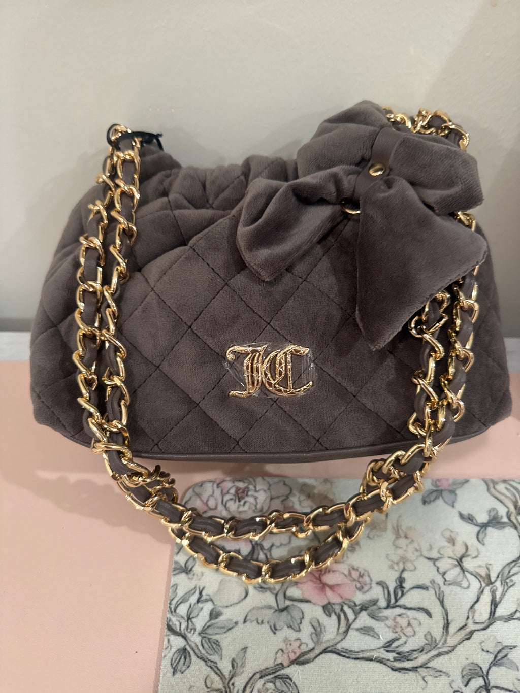 Gray Quilted Bow Chain Purse