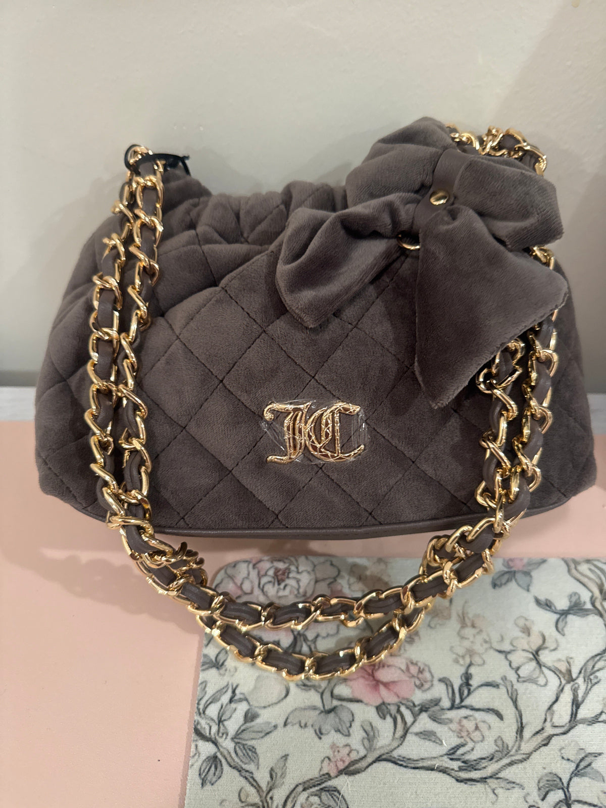 Gray Quilted Bow Chain Purse