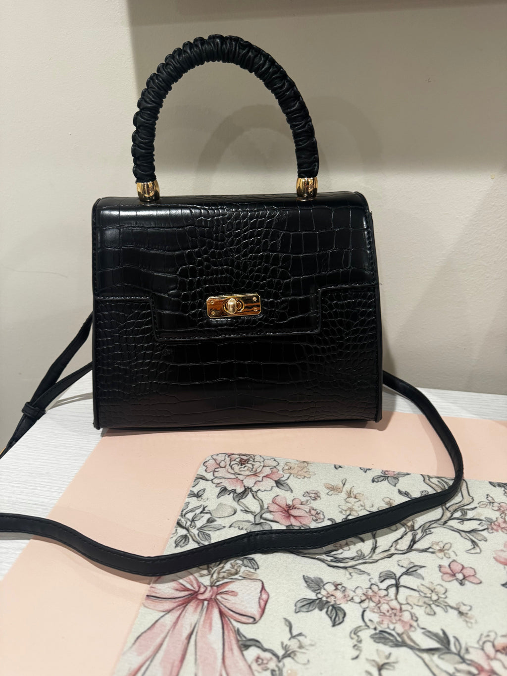 Black Croc Top Handle Bag