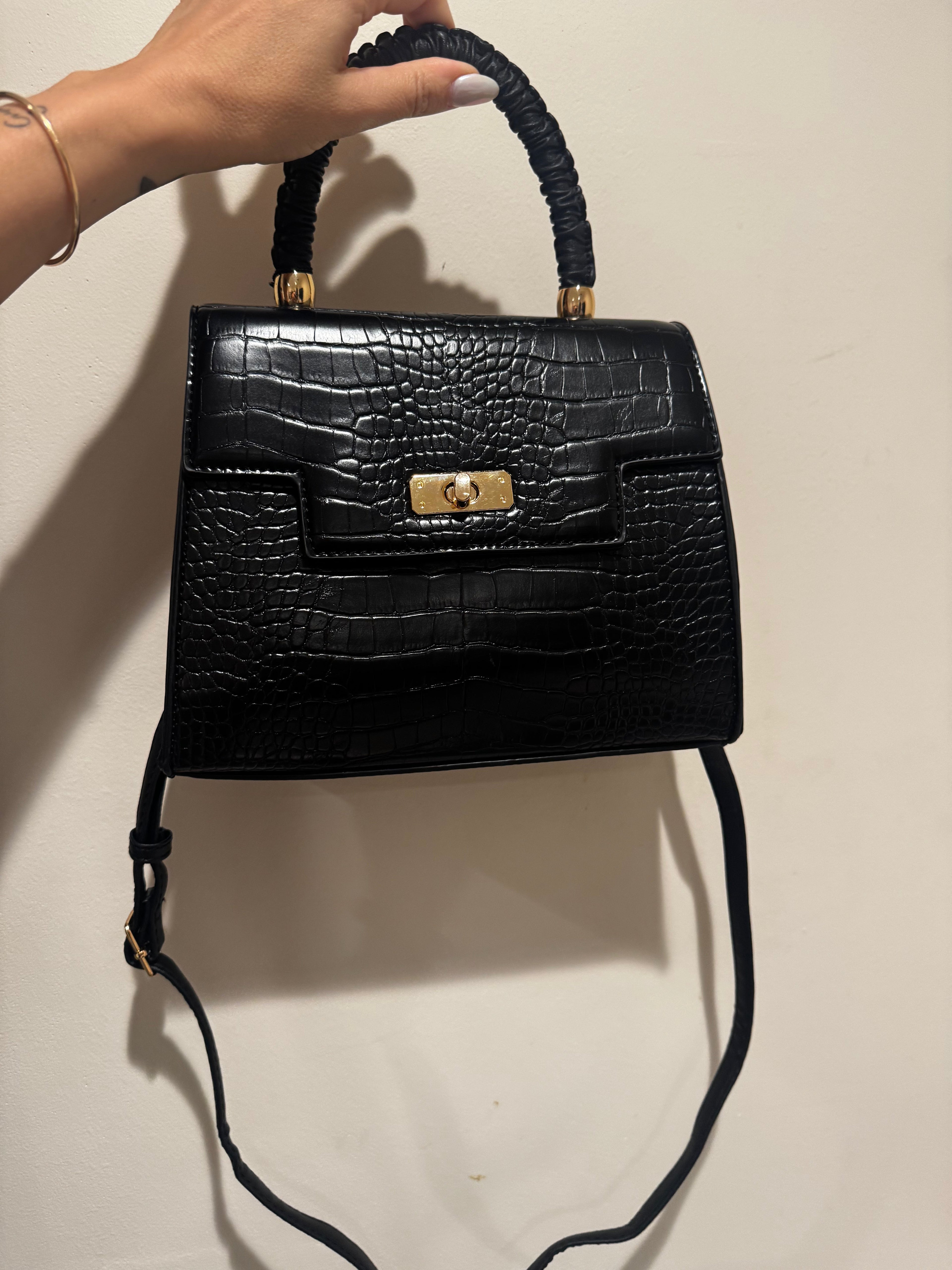 Black Croc Top Handle Bag