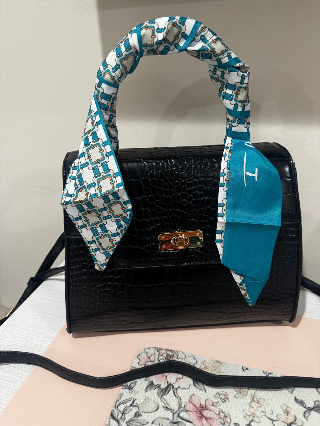 Black Croc Top Handle Bag