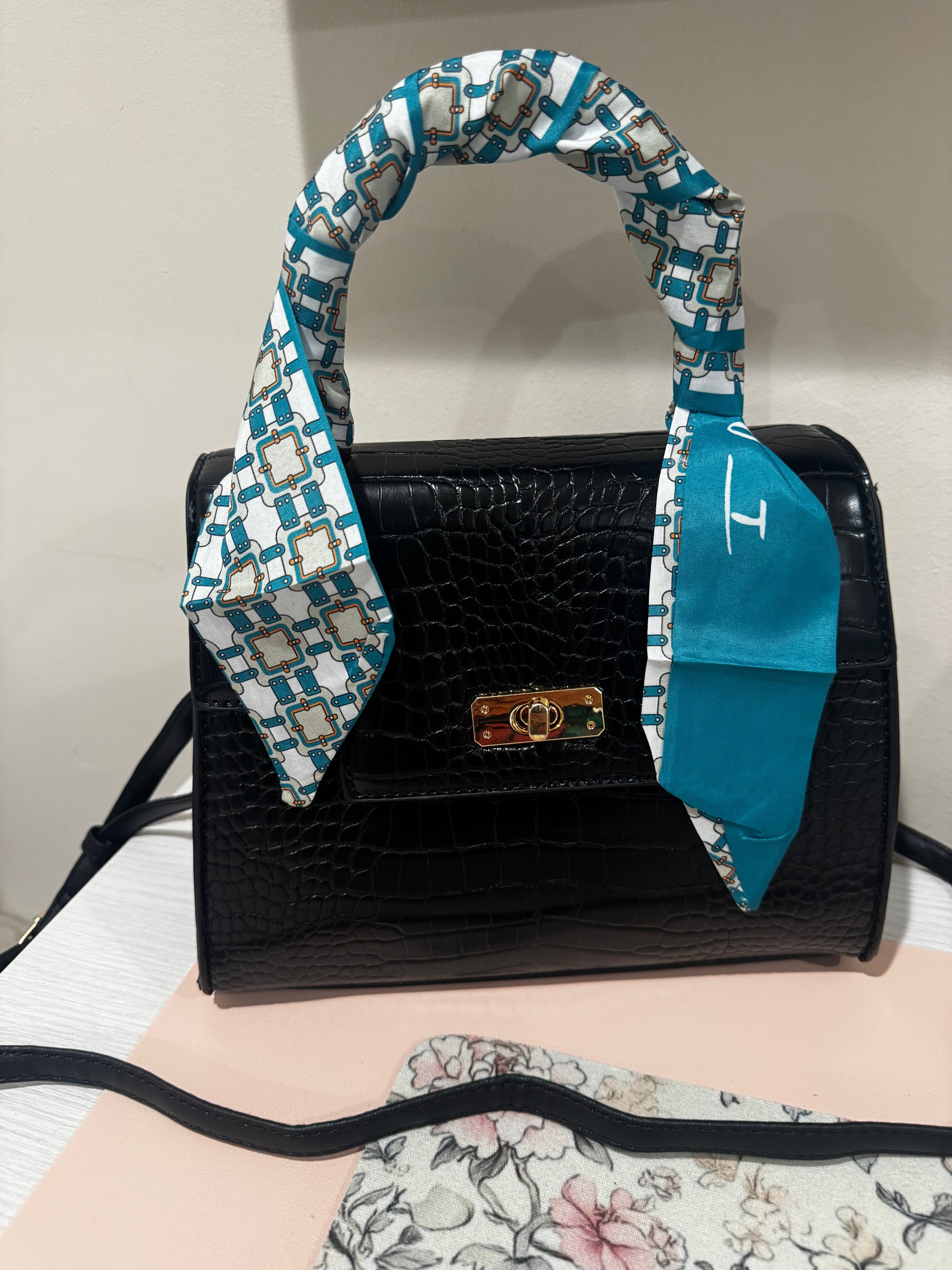 Black Croc Top Handle Bag