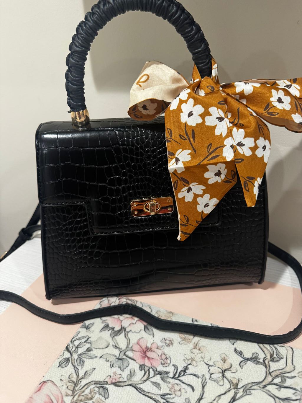 Black Croc Top Handle Bag