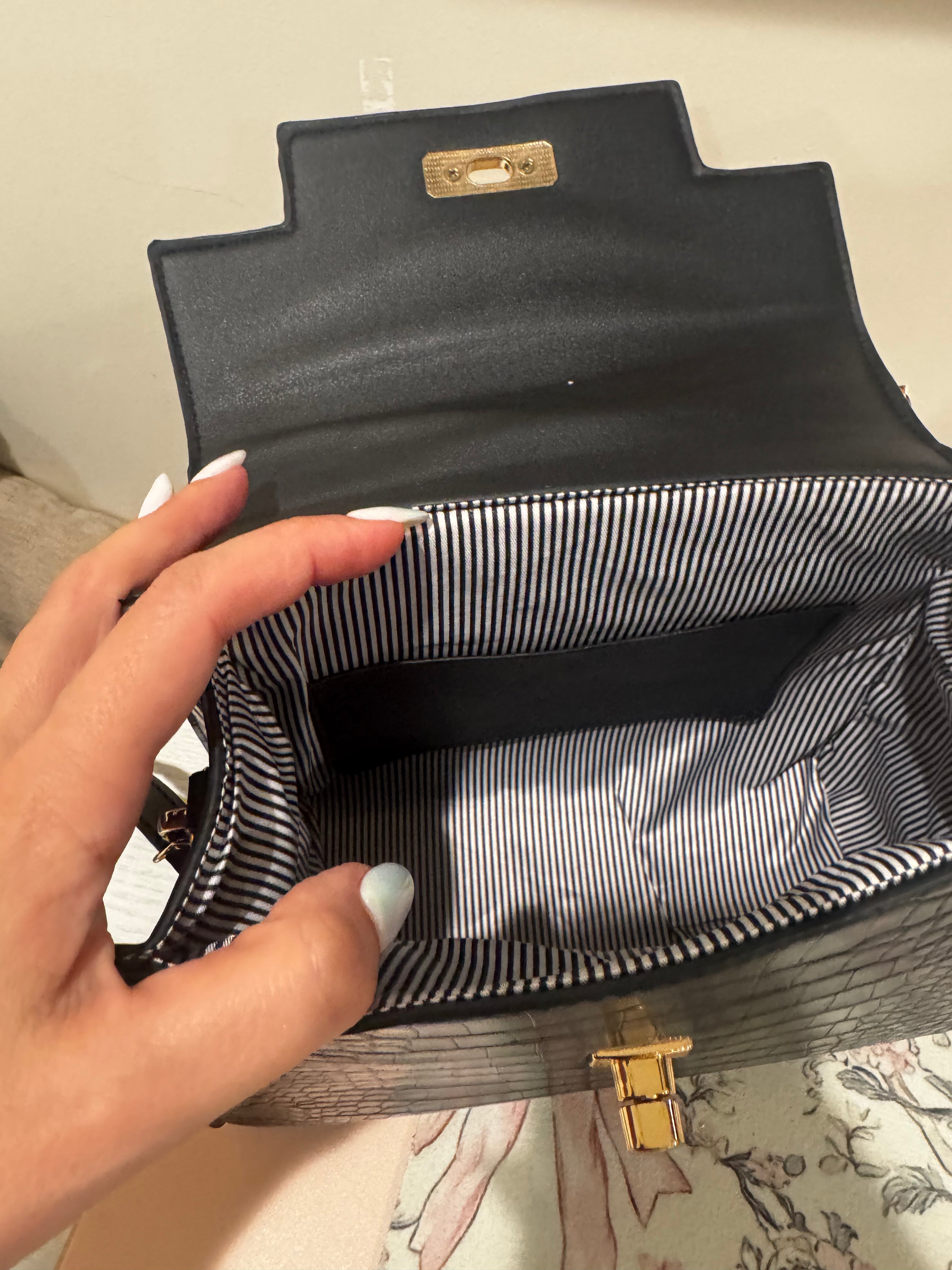 Black Croc Top Handle Bag