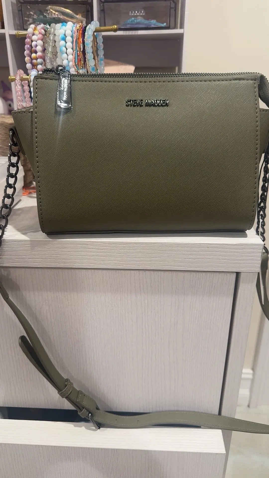 Olive Green Chain-Accent Crossbody Purse