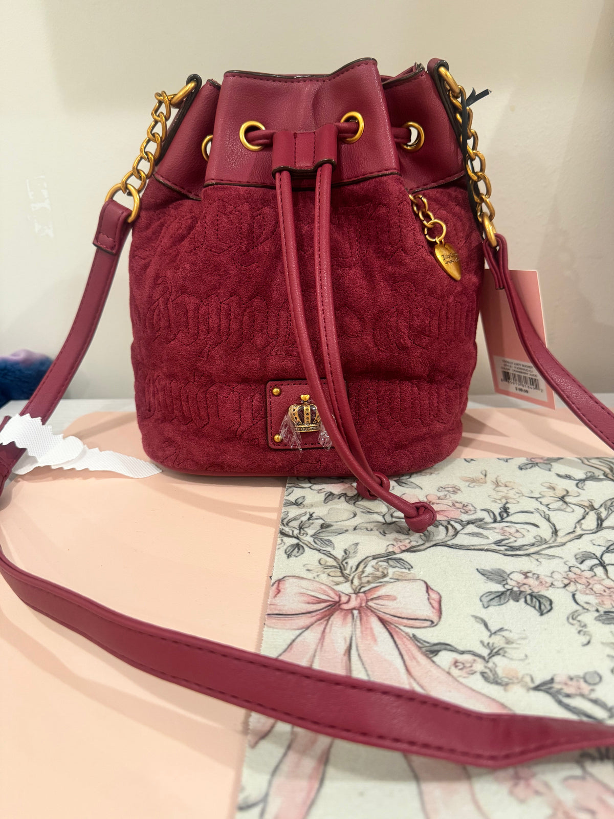 Burgundy Charm Drawstring Bucket Purse