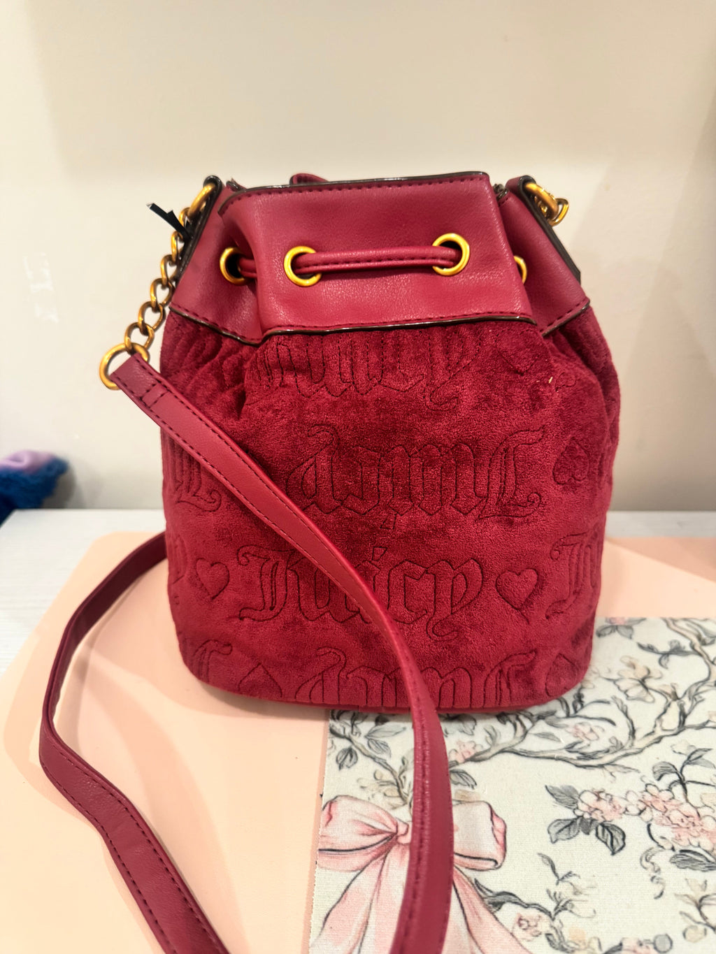 Burgundy Charm Drawstring Bucket Purse