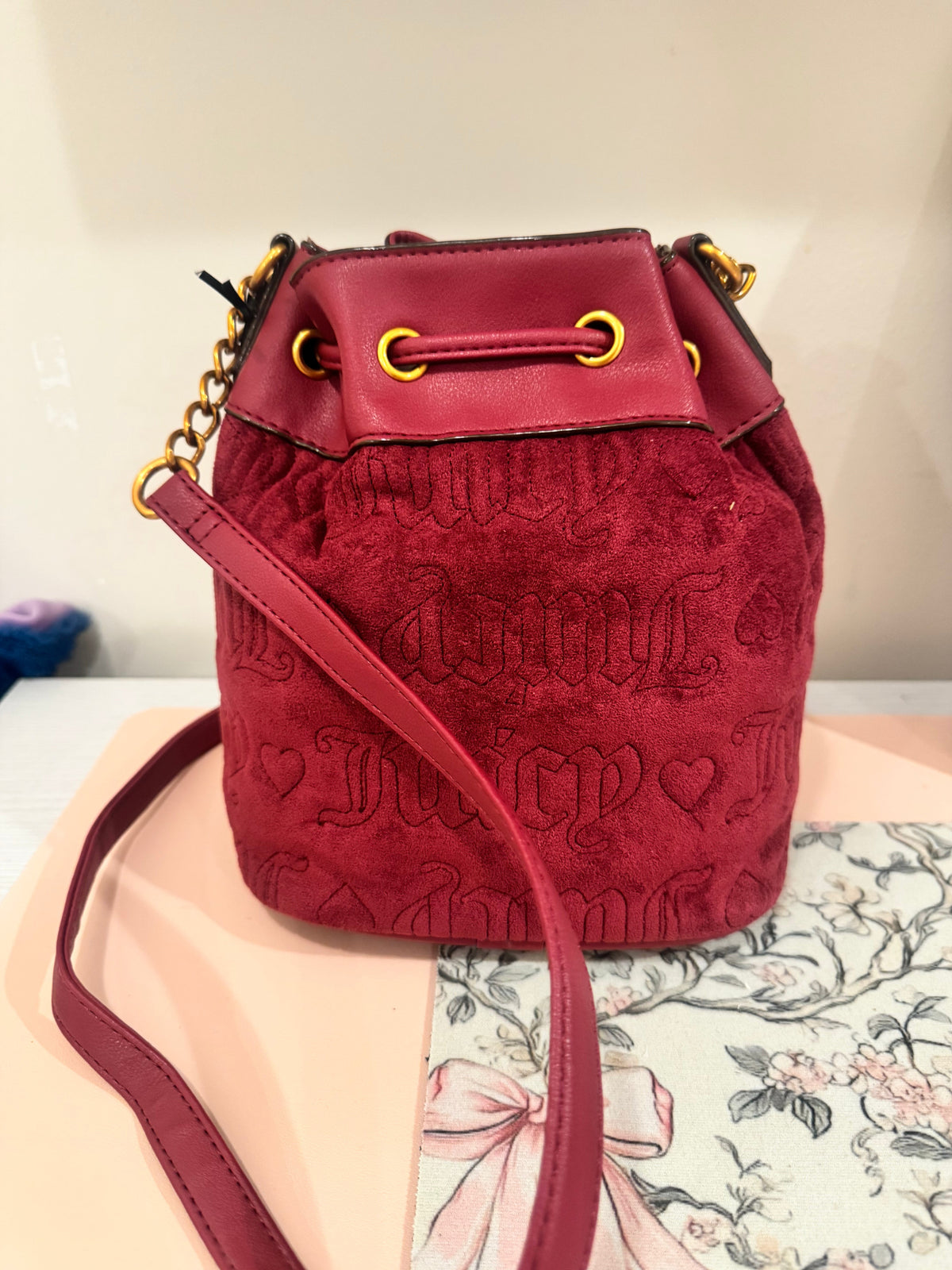 Burgundy Charm Drawstring Bucket Purse