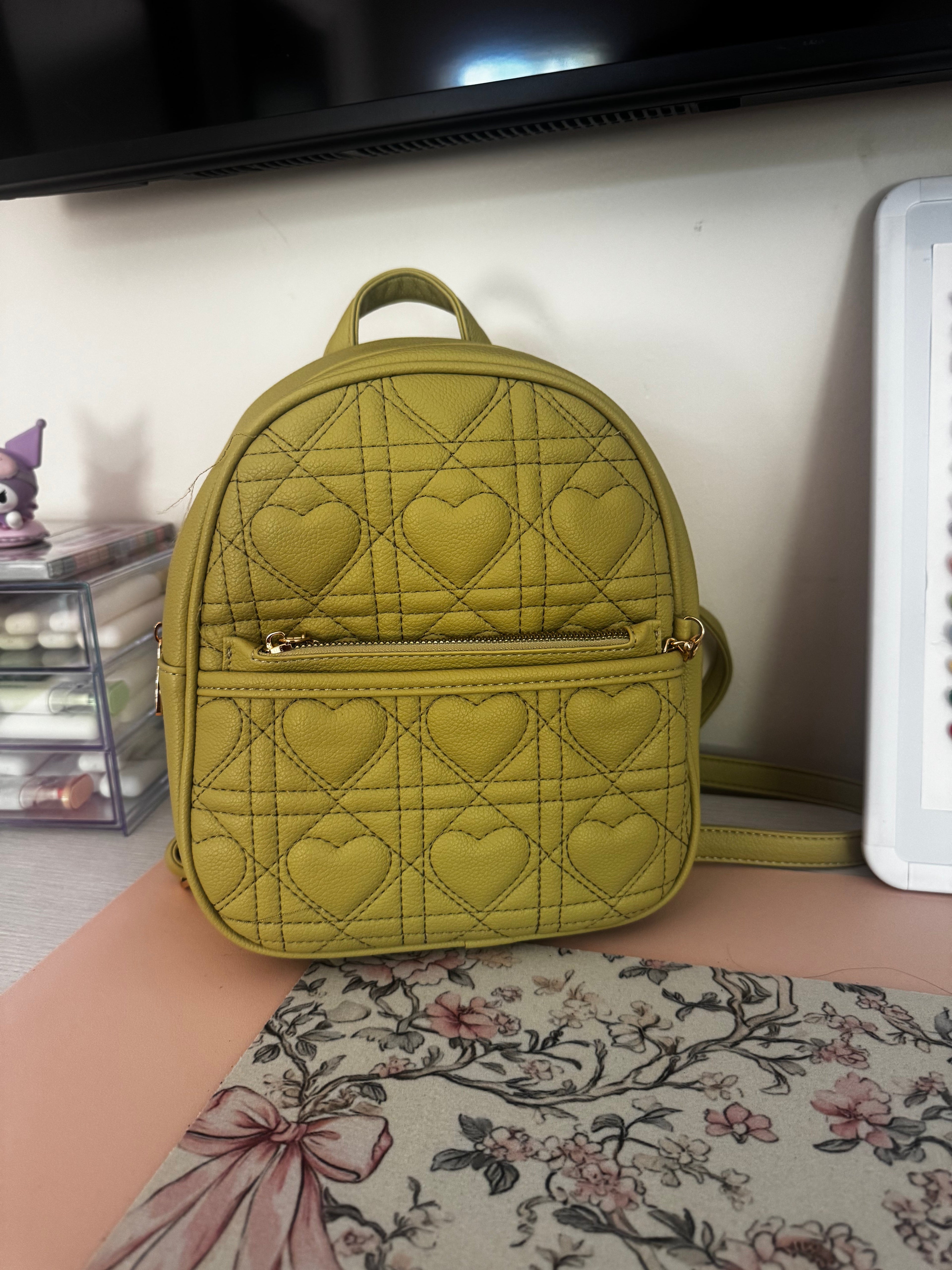 Olive Green Quilted Heart Mini Backpack